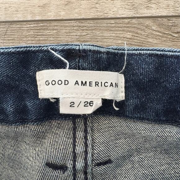 Good American Good Legs Ankle Jeans 2/26 Blue Dark Wash Raw Hem Stretch Denim - Picture 2 of 10